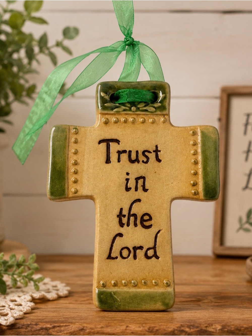 Ceramic Cross Ornament “Trust in the Lord” Wall Hanging |Christian Decor | 5”